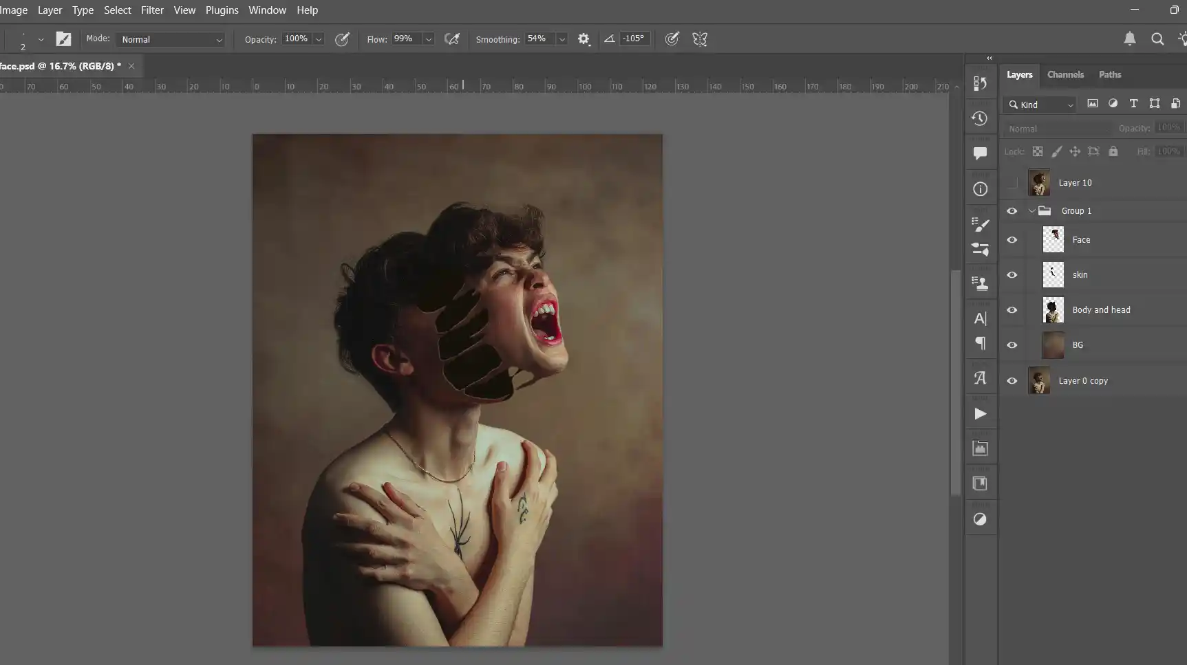 Adobe Photoshop digital manipulation fracturing and detaching the subject's face